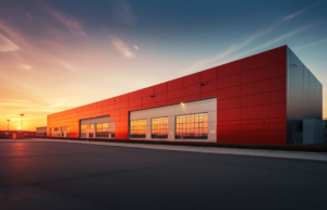 Modern warehouse bathed in the glow of the setting sun.