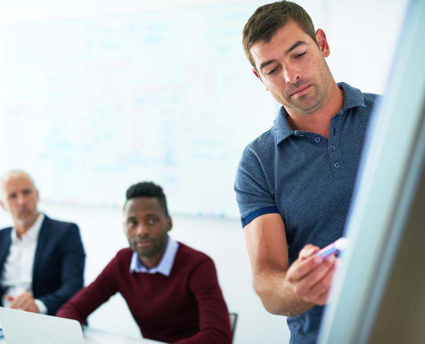 Business man, pitch meeting and deal management with presentatio